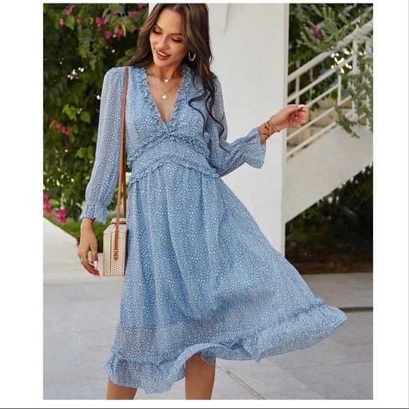 blue dress with long sleeves and ruffles summer dress M - Picture 6 of 7